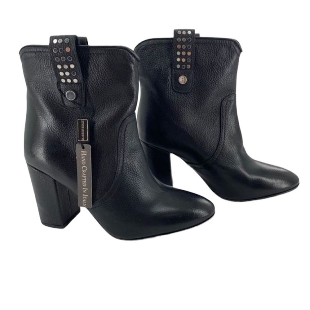 Napoleani Leather Black Studded Heeled Ankle Boots Booties
